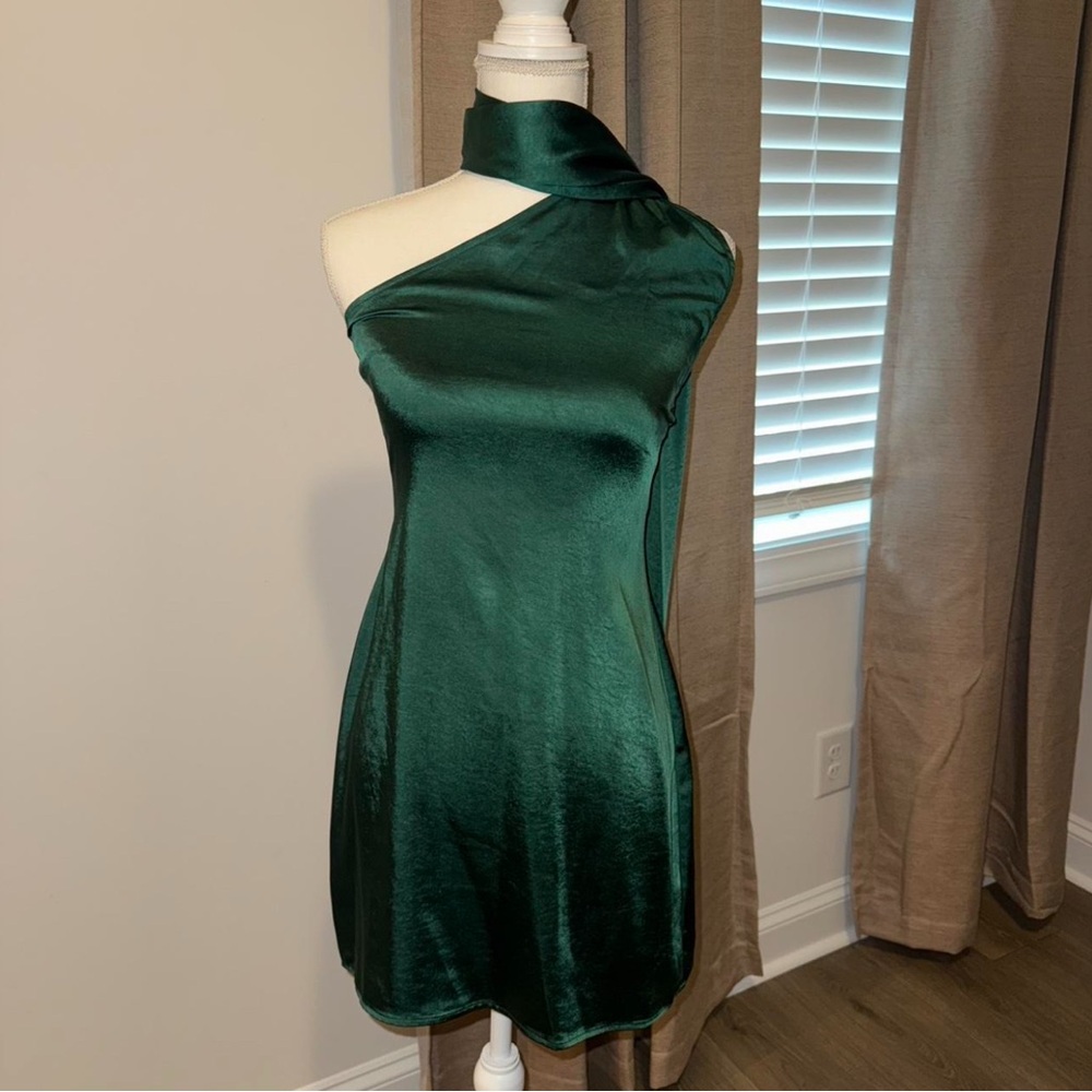 Green One-Shoulder Wrap Dress